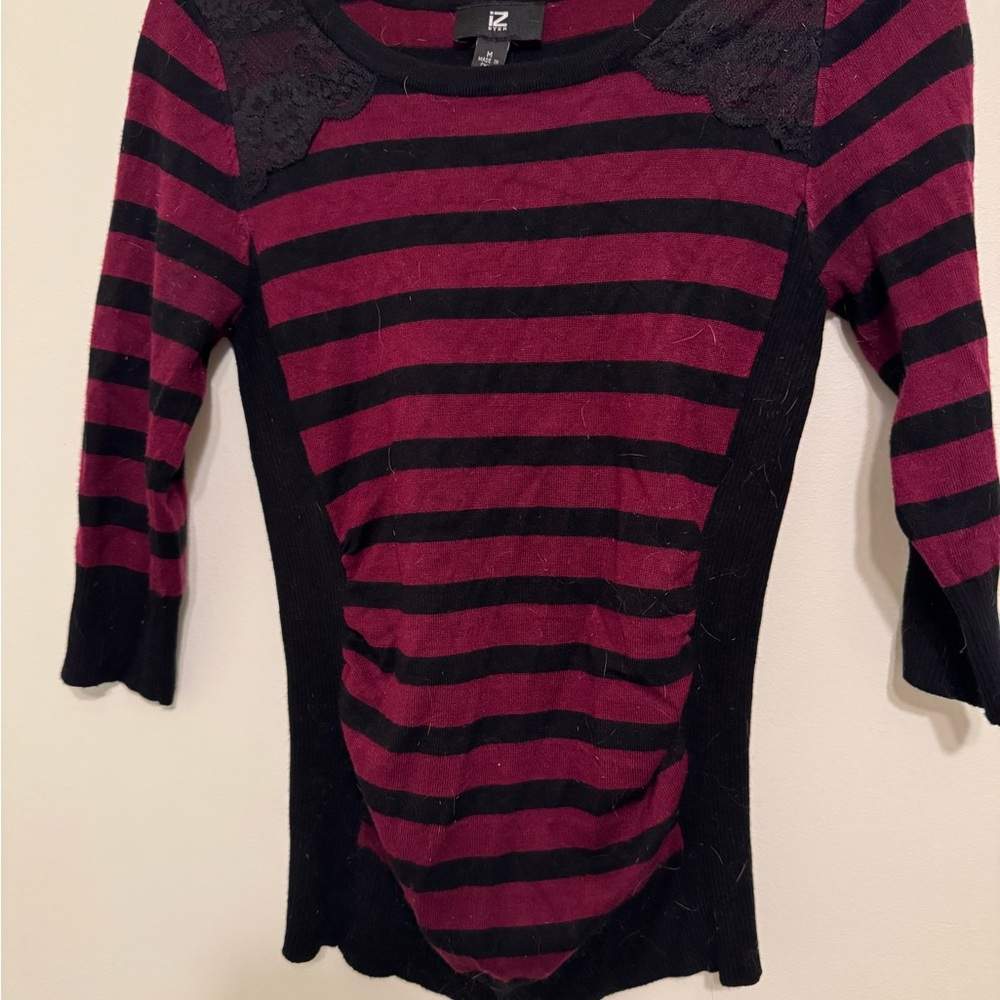 Express Striped Lace-Shoulder Knit Top in Burgundy and Black